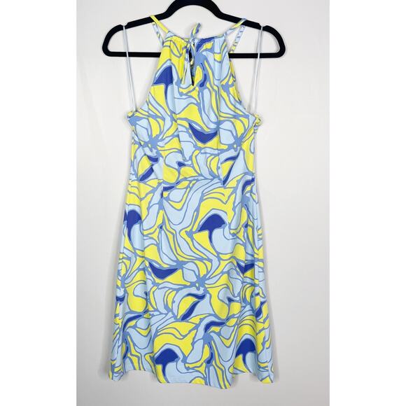 J McLaughlin XS Blue Yellow Catalina Cloth Halter Mini Dress Geometric Printed - Picture 2 of 10